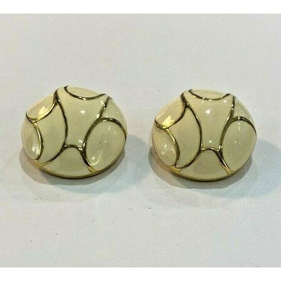 Vintage 1980 clip on earrings gold & cream enamel - Picture 1 of 3